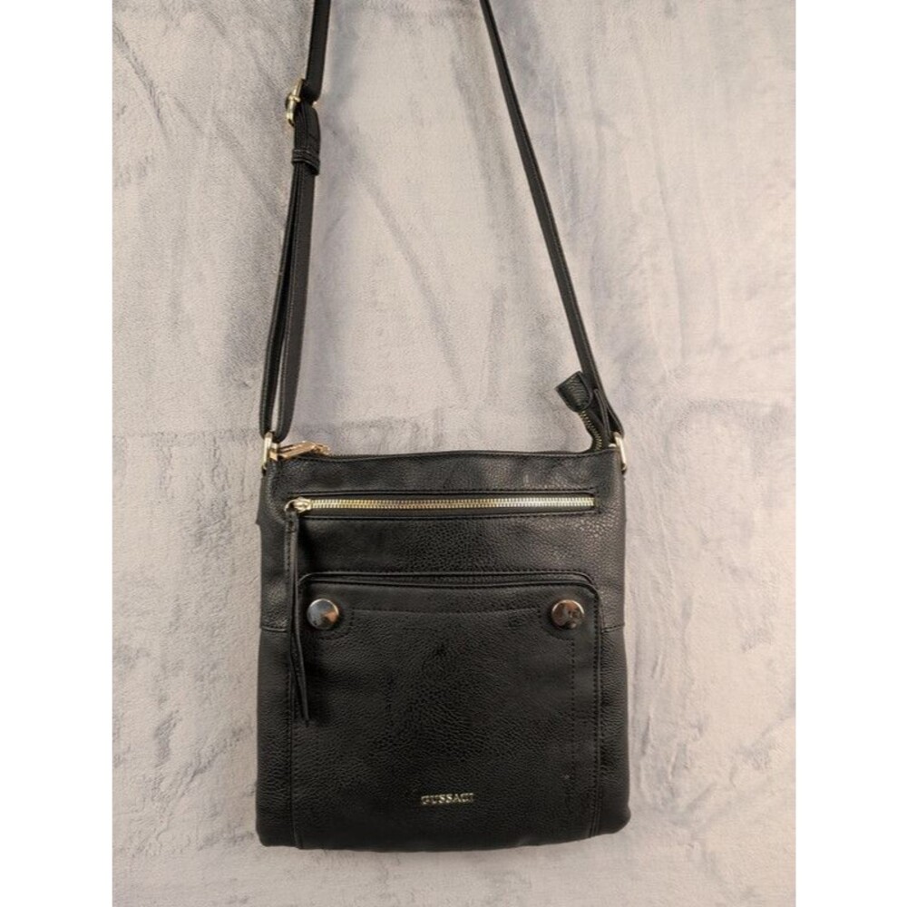 Gussaci Black Vegan Leather Crossbody Bag Gold Zippers Multi Pocket